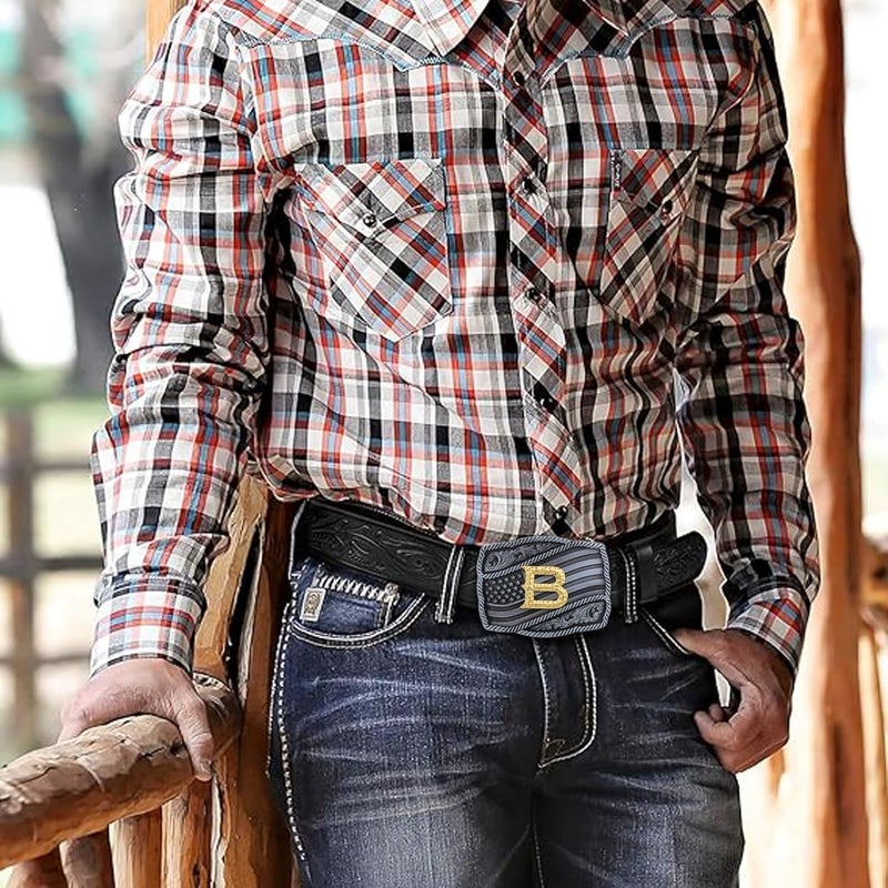 Fibbadet Store Western Cowboy Initial Letters A-Z American Flag Belt Buckle for Men Fathers Day Boyfriend Husband - Image 3